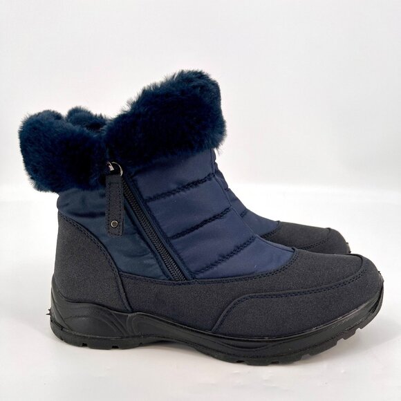 Easy Street Frosty Waterproof Ankle Boots Size 7.5W Navy Blue Faux Fur - Picture 5 of 16
